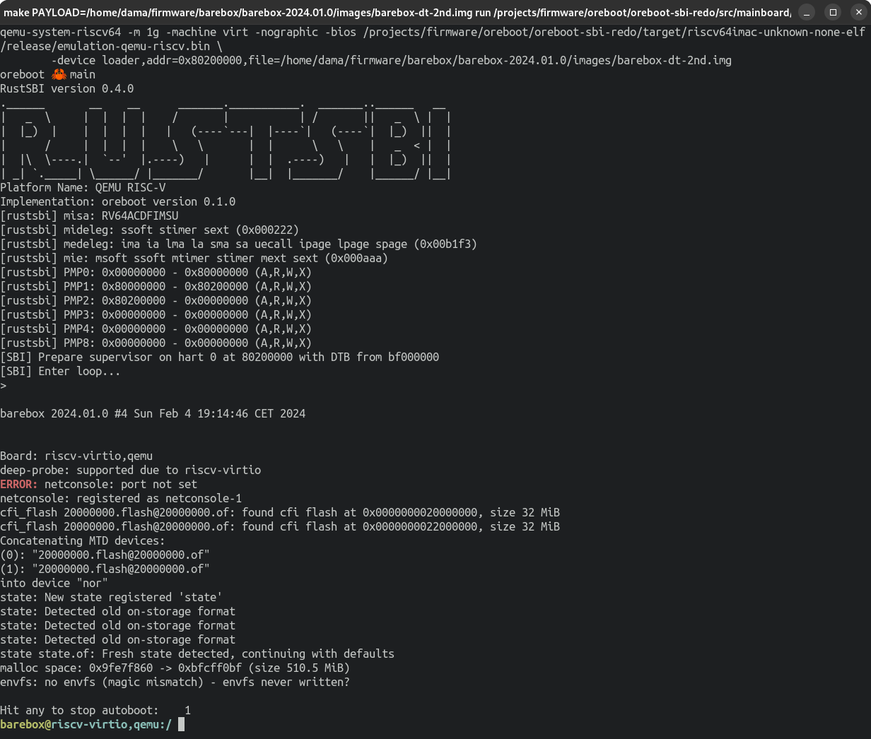 OrangeCMS's tweet card. Attached: 1 image So, we can run barebox (https://barebox.org) with @oreboot@fosstodon.org in QEMU now. :)