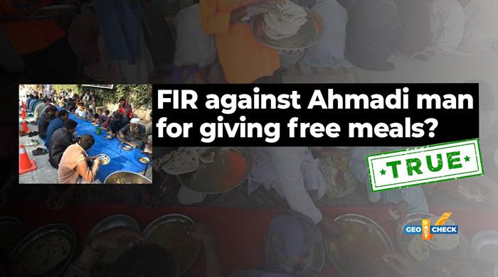 GeoFactCheck's tweet card. Social media is awash with a copy of a first information report that purportedly shows a complaint against a man from the Ahmadi community for distributing communal meals during the 10th of Muharram...