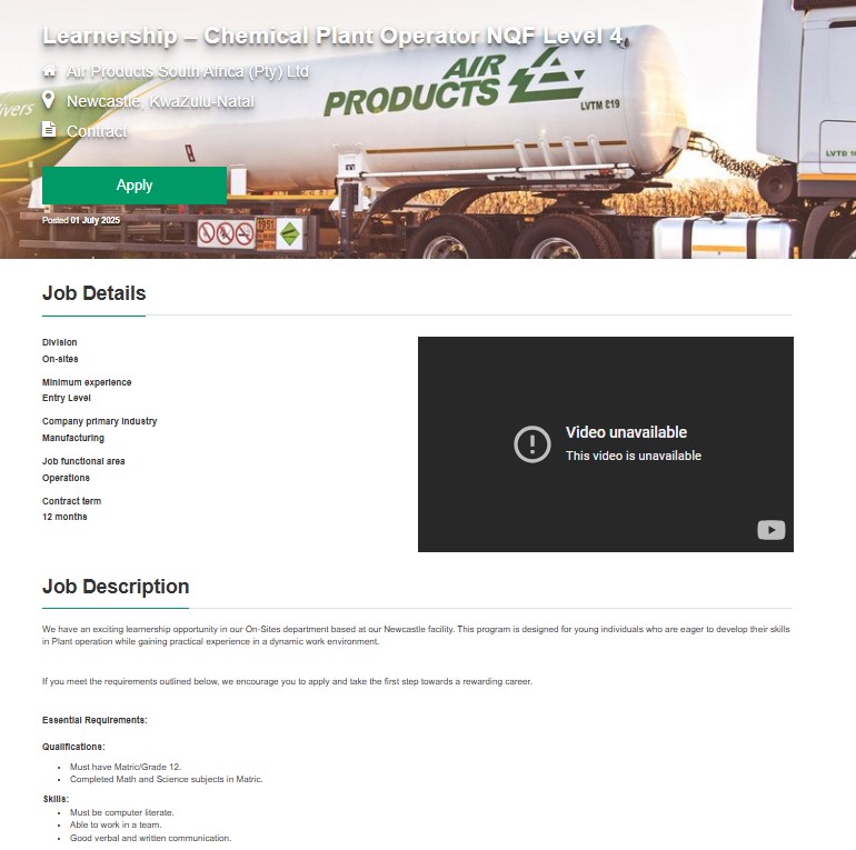 DeeJobplug's tweet card. Air Products South Africa (Pty) Ltd is inviting unemployed South African jobseekers with grade 12 to apply for their Learnership Programme in Newcastle,