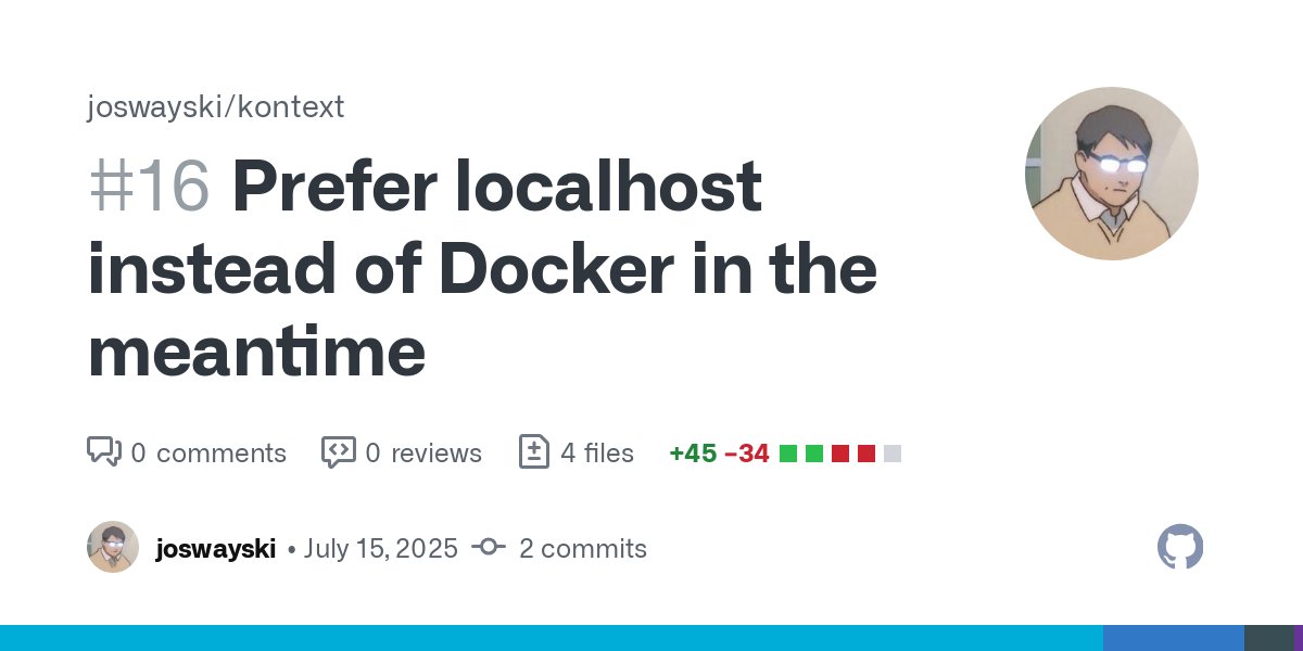 notjoswayski's tweet card. Since none of the main features are built yet, i think the demo-ability of a single docker compose command are a bit lost while running dev and tbh i don't think its worth the hassle at thi...