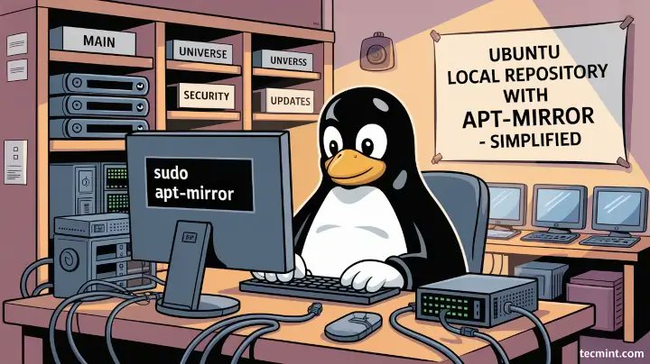 tecmint's tweet card. In this article, you’ll learn how to set up a local Ubuntu repository using apt-mirror to save bandwidth and speed up package installs.