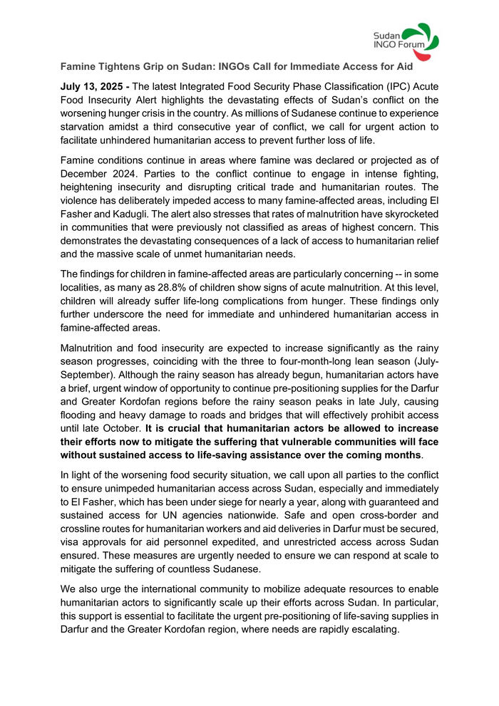 NRC_EAY's tweet card. News and Press Release in English on Sudan about Food and Nutrition and Protection and Human Rights; published on 13 Jul 2025 by Sudan INGO