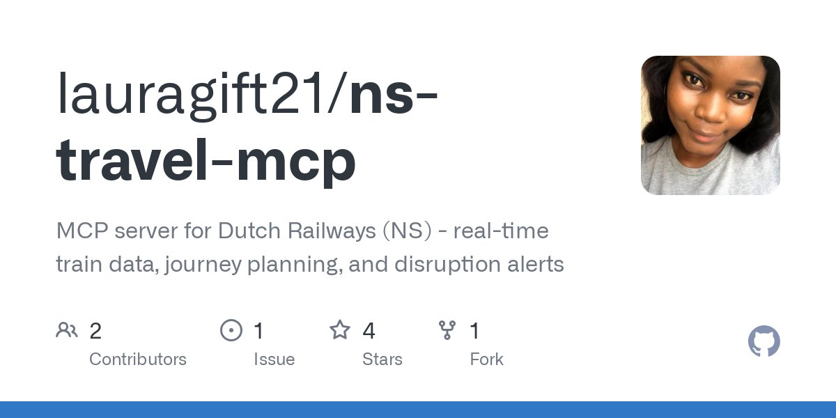lauragift_'s tweet card. MCP server for Dutch Railways (NS) - real-time train data, journey planning, and disruption alerts - lauragift21/ns-travel-mcp