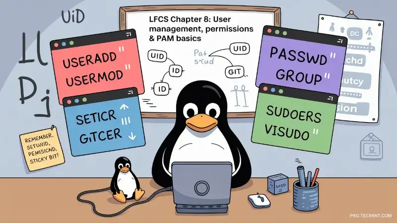 tecmint's tweet card. In this chapter, you’ll learn the essentials of user account creation, group-based access control, sudo privilege assignment, and securing Linux with PAM and special file permissions.