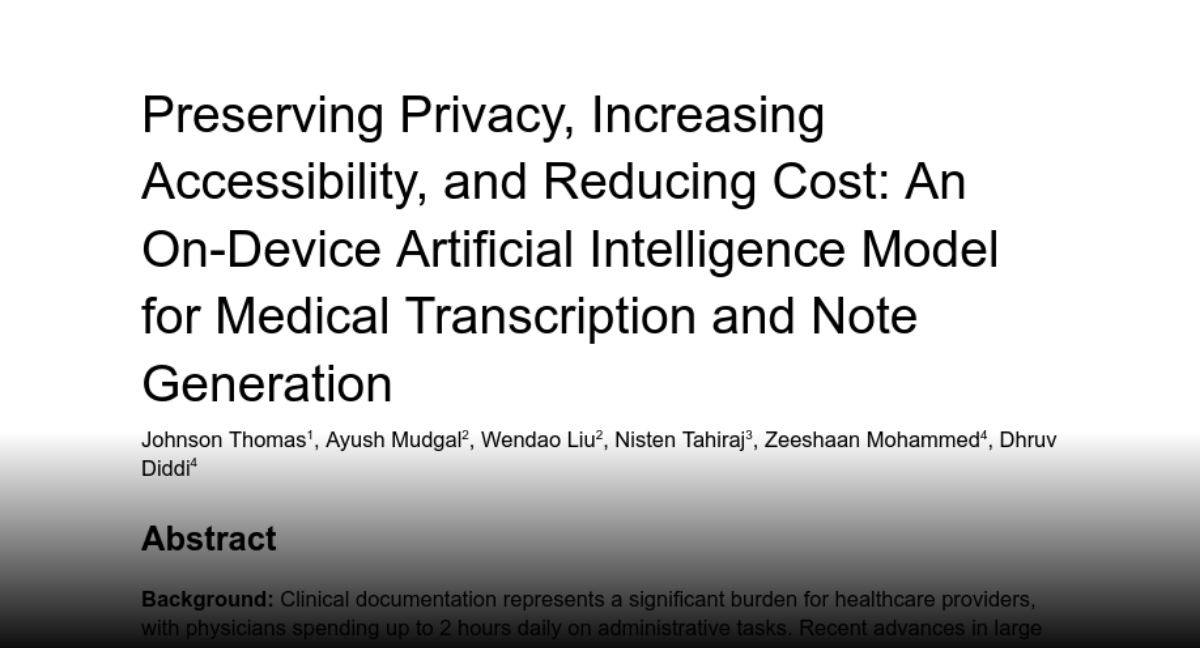 JohnsonThomasMD's tweet card. Paper page - Preserving Privacy, Increasing Accessibility, and Reducing Cost: An On-Device Artifi...