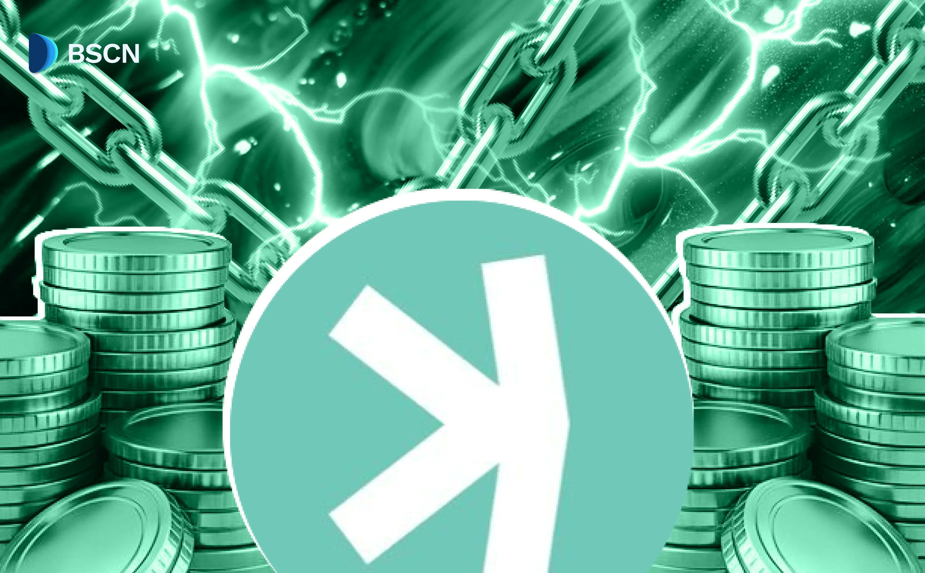 Kaspa (KAS) logo with coins and chains