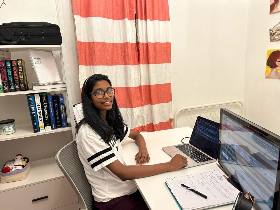 Society4Science's tweet card. Witnessing a tragedy involving her upstairs neighbor led eighth grader Lehansa Marambage to develop an “AI Department Prediction System” that she created and trained using a 911 distress call dataset...