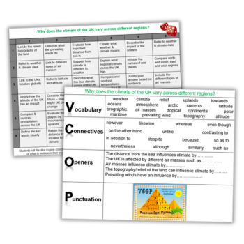 TeachSecondary's tweet card. These KS3 weather learning grids support extended writing and deliberate practice via a dice-rolling activity...