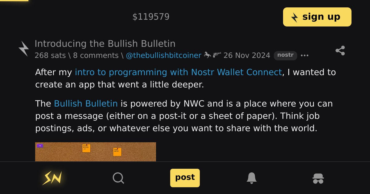 BitcoinConnect_'s tweet card. After my intro to programming with Nostr Wallet Connect, I wanted to create an app that went a little deeper. The Bullish Bulletin is powered by NWC and is a place where you can post a message...