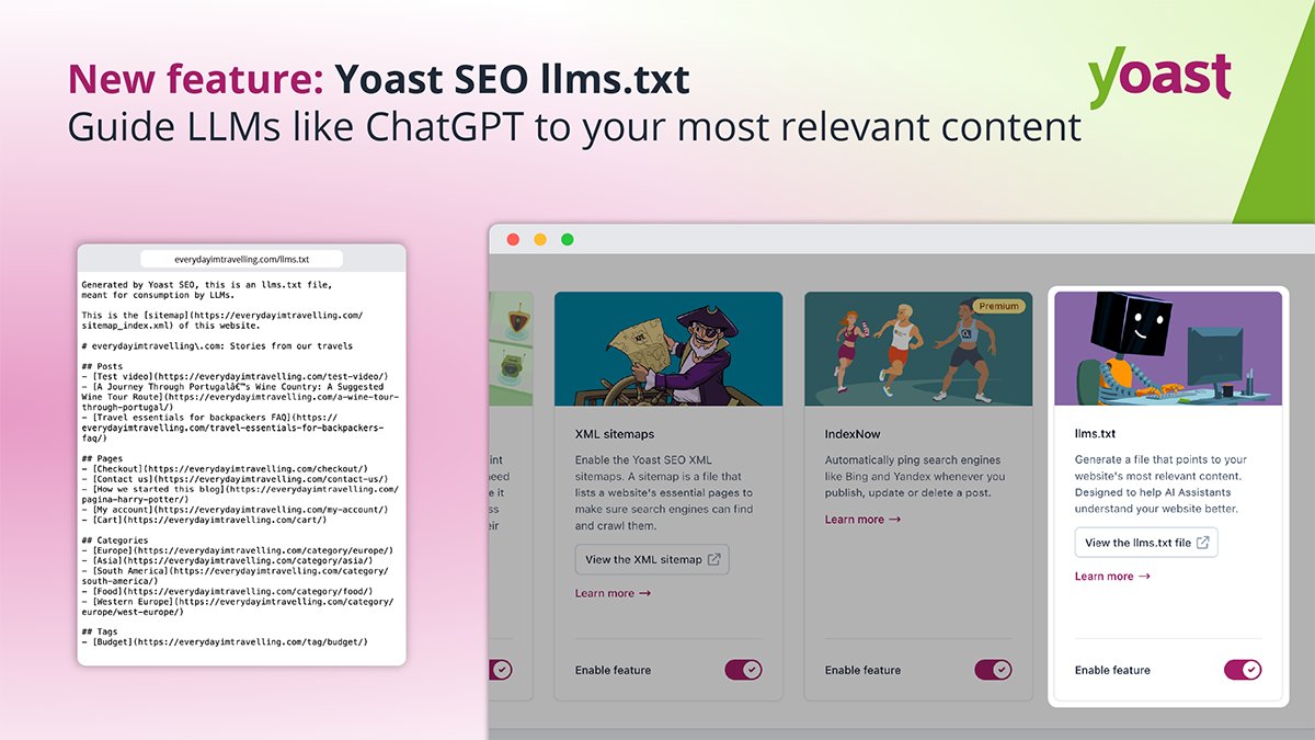 cshel's tweet card. With Yoast's new llms.txt feature, automatically highlight key content to improve AI visibility, no technical setup needed.