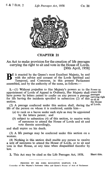 HistParl's tweet card. Today marks the 60th anniversary of the announcement of the first life peers after the passing of the Life Peerages Act 1958. This Act also allowed women to