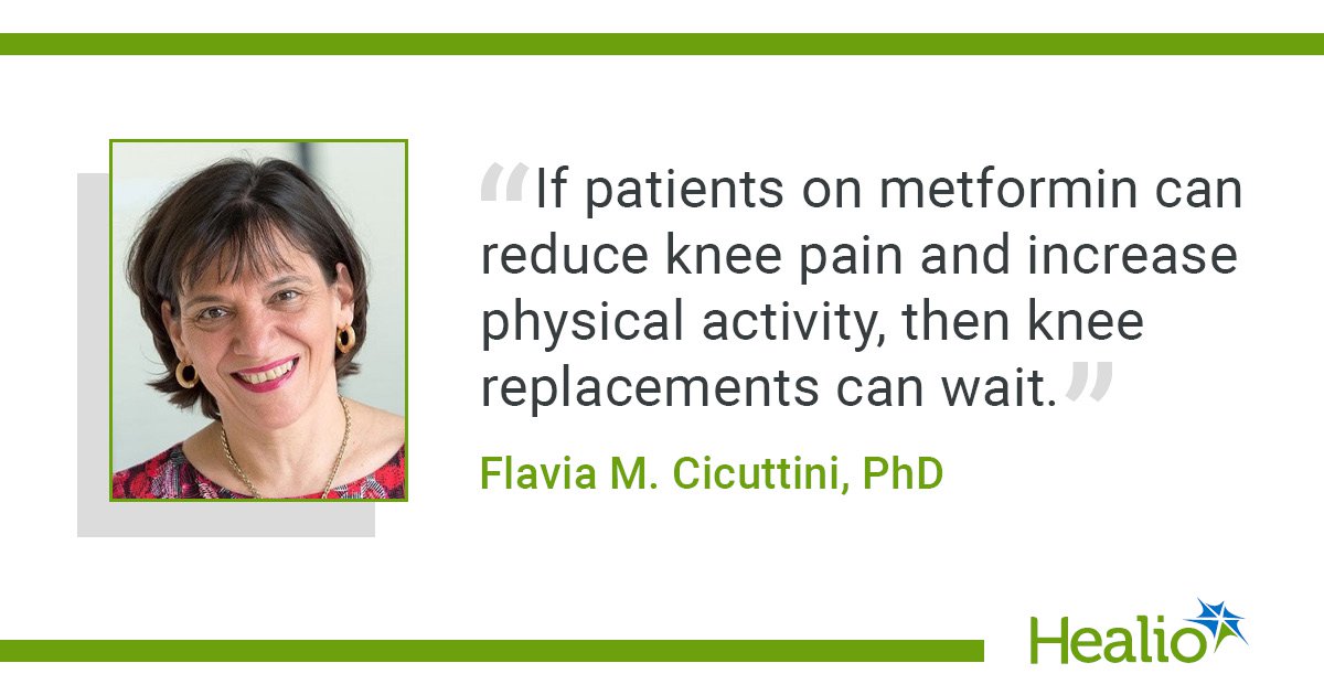 HealioRheum's tweet card. Patients with knee osteoarthritis who received metformin demonstrated significant reductions in knee pain and increased weight loss at 6 months vs. placebo, according to data published in JAMA.“For...