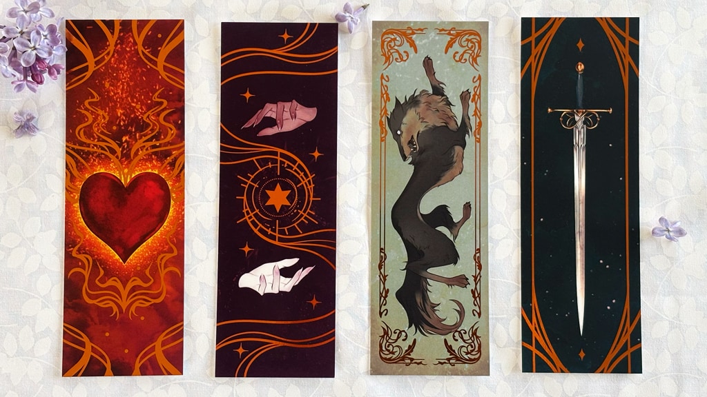 RioBurtonArtist's tweet card. Four illustrated bookmarks celebrating fantasy themes.