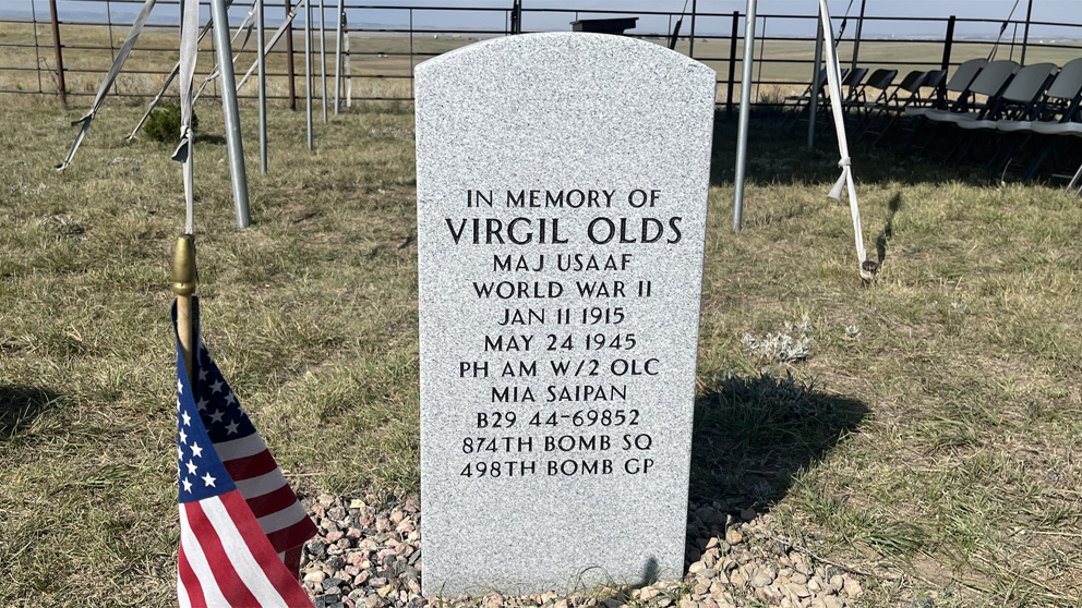 RepLizCheney's tweet card. Major Virgil Olds, who died in World War II in 1945, finally received a headstone at the Node Cemetery outside of Lusk, Wyoming.