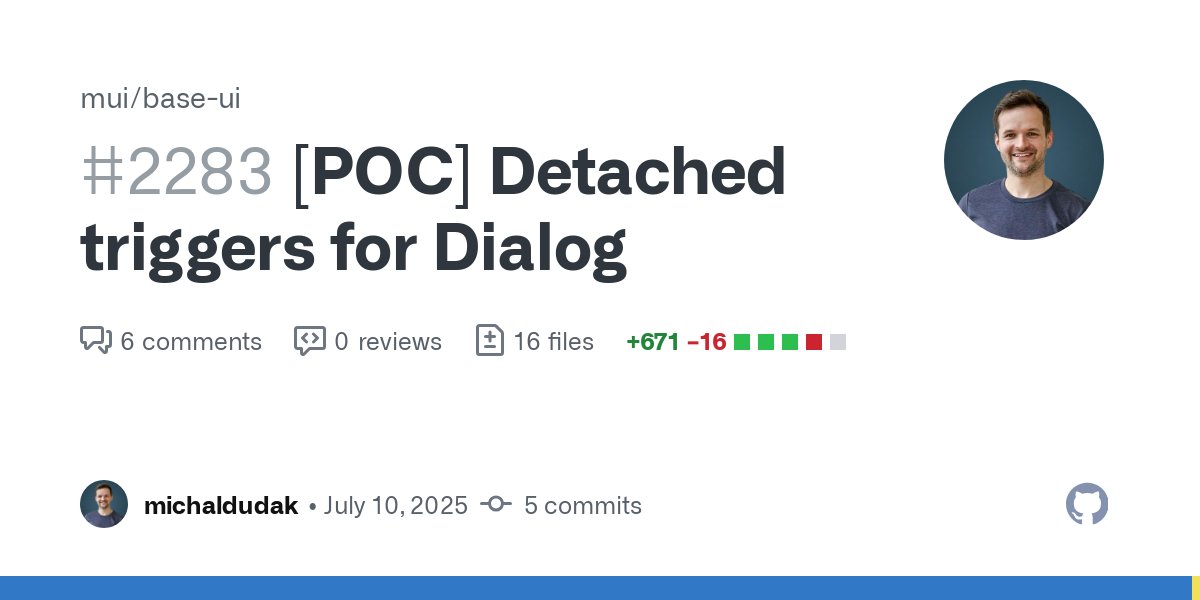 colmtuite's tweet card. Proof of concept for Dialog's detached triggers. Ordinary triggers: https://deploy-preview-2283--base-ui.netlify.app/experiments/dialog/perf-ordinary-triggers Detached triggers: https://dep...