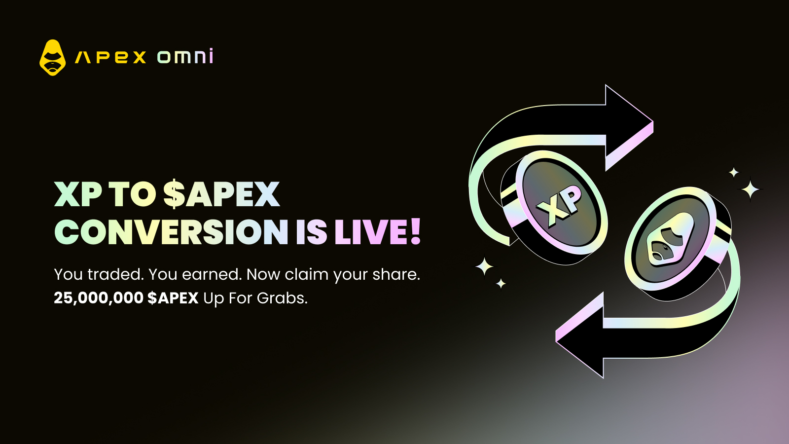 OfficialApeXdex's tweet card. Learn how to convert your XP into $APEX, and claim your share of 25M APEX.