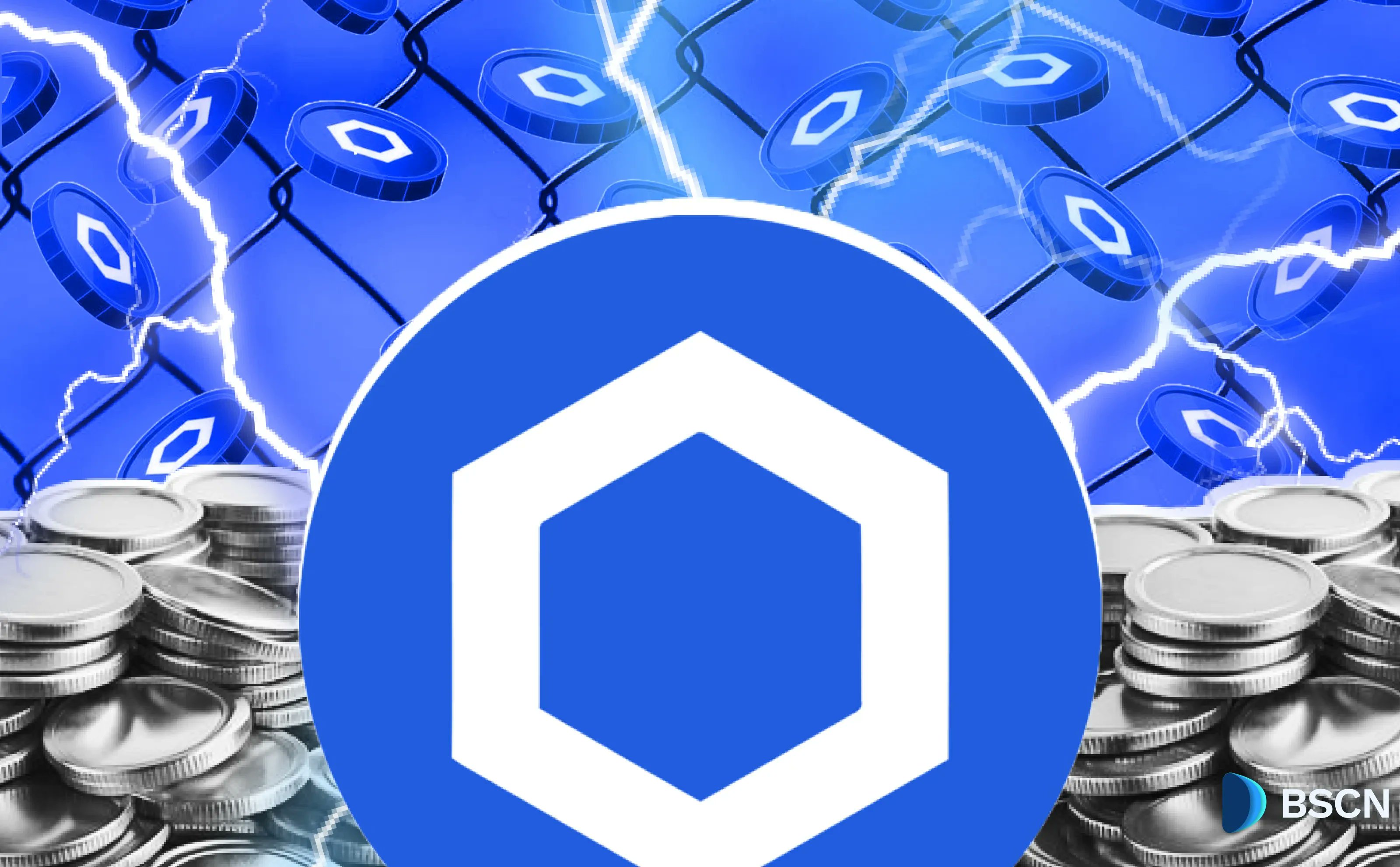 Chainlink LINK token with coins and electric background