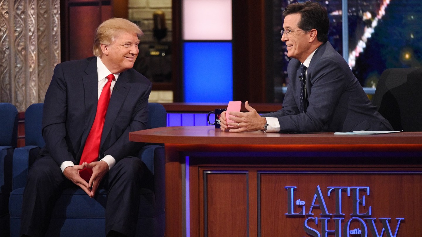 THR's tweet card. Colbert’s late show on CBS has never won a TV Academy prize. The president could well now have changed that.