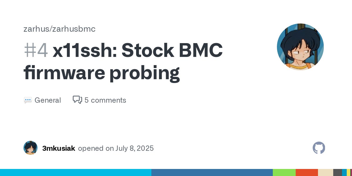 Zarhus_com's tweet card. Trivia During the last discussion I have successfully managed to gain access to BMC debug pins. This way we have access to stock firmware shell, which allows us to do some probing. The issue and th...