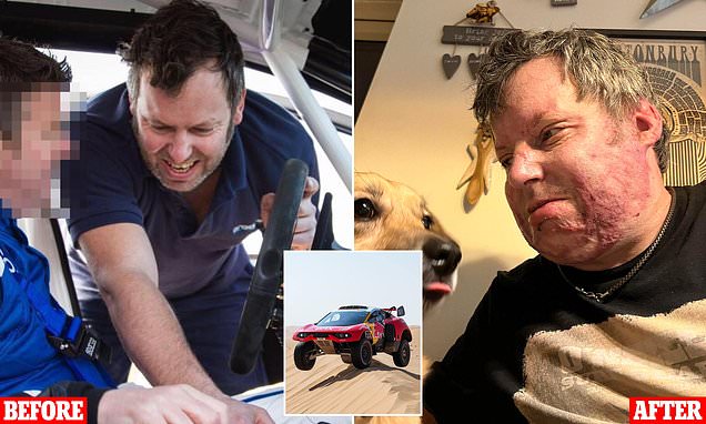 DailyMail's tweet card. Matt 'Bubba' Finney caught fire after being soaked in highly volatile fuel whilst filling up a high performance Prodrive rally car (inset) during testing in Dubai.