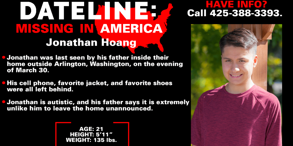 NationalAutism's tweet card. Jonathan, who is on the autism spectrum, was last seen by his father on March 30 going downstairs to sleep in the guest room of their home outside Arlington, Washington.