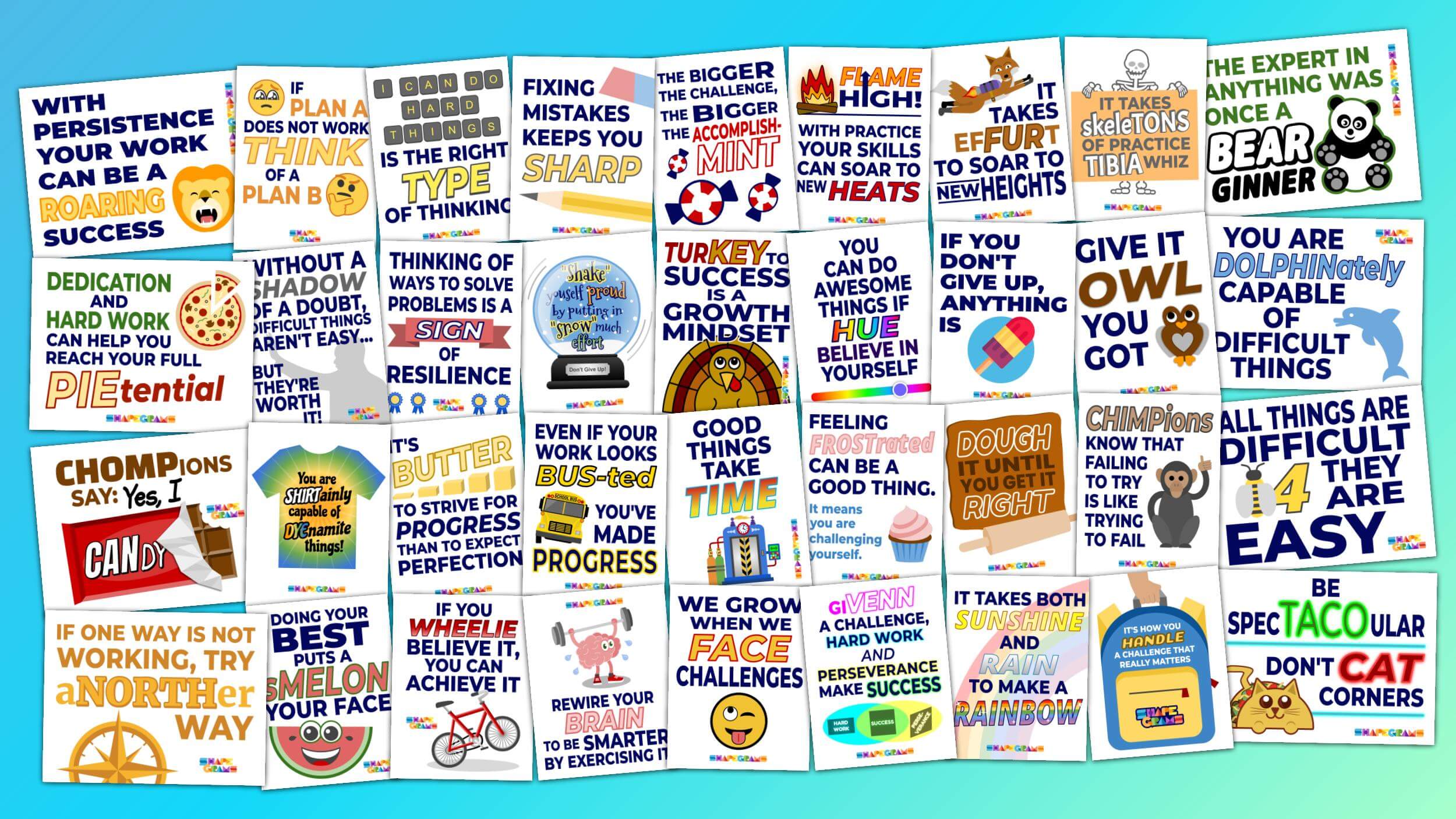 shapegrams's tweet card. Download a PDF or view slides with all 60+ silly growth encouragement messages. You will have "groan" after viewing these posters.