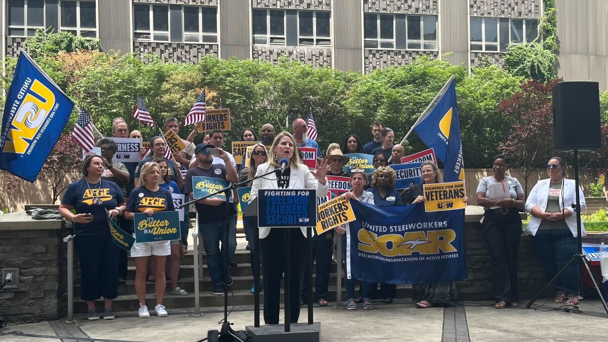 PADemPolicy's tweet card. Members of the United Steelworkers and the AFL-CIO held a rally on Monday in Downtown Pittsburgh to oppose the Trump administration’s budget cuts and mass firings.