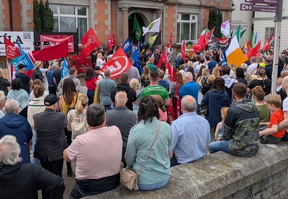 NIC_ICTU's tweet card. A crowd of approximately 500 people came together in Newry on Sunday in an anti-racism rally. The rally addressed the recent attacks on immigrants, the…