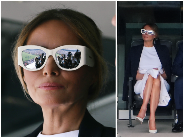 MELANIAJTRUMP's tweet card. First Lady Melania Trump chose a white hot look for the FIFA World Cup on Monday, opting for fashion-forward sunglasses that set her apart from the packed crowd.