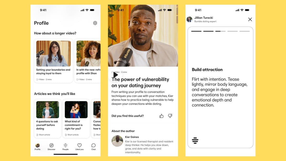 inthepixels's tweet card. Bumble is trying to blend "technology with human insight."