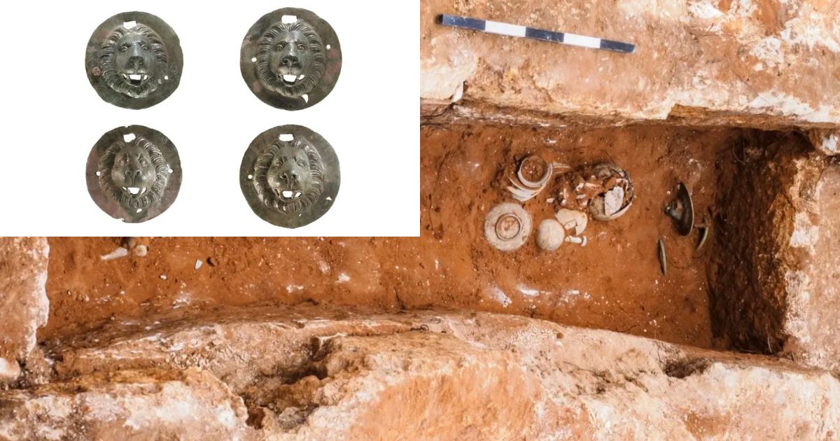 AncientHistX's tweet card. Roman-period bronze discs with lion head designs from Khirbat Ibreika reveal unique funerary artifacts and symbolic meanings.