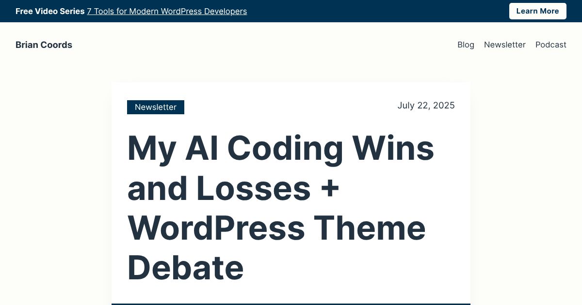 briancoords's tweet card. Vibe coding isn't going as well as I'd liked, plus thoughts on another 'Gutenberg is in crisis' article going around.