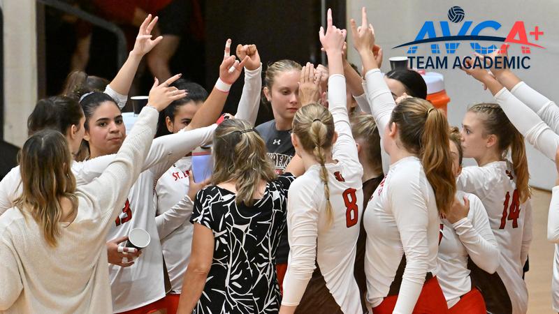 SLUsaints's tweet card. The St. Lawrence University volleyball team has earned the 2025 AVCA Team Academic Award, sponsored by INTENT, marking its 14th consecutive year receiving the honor.
