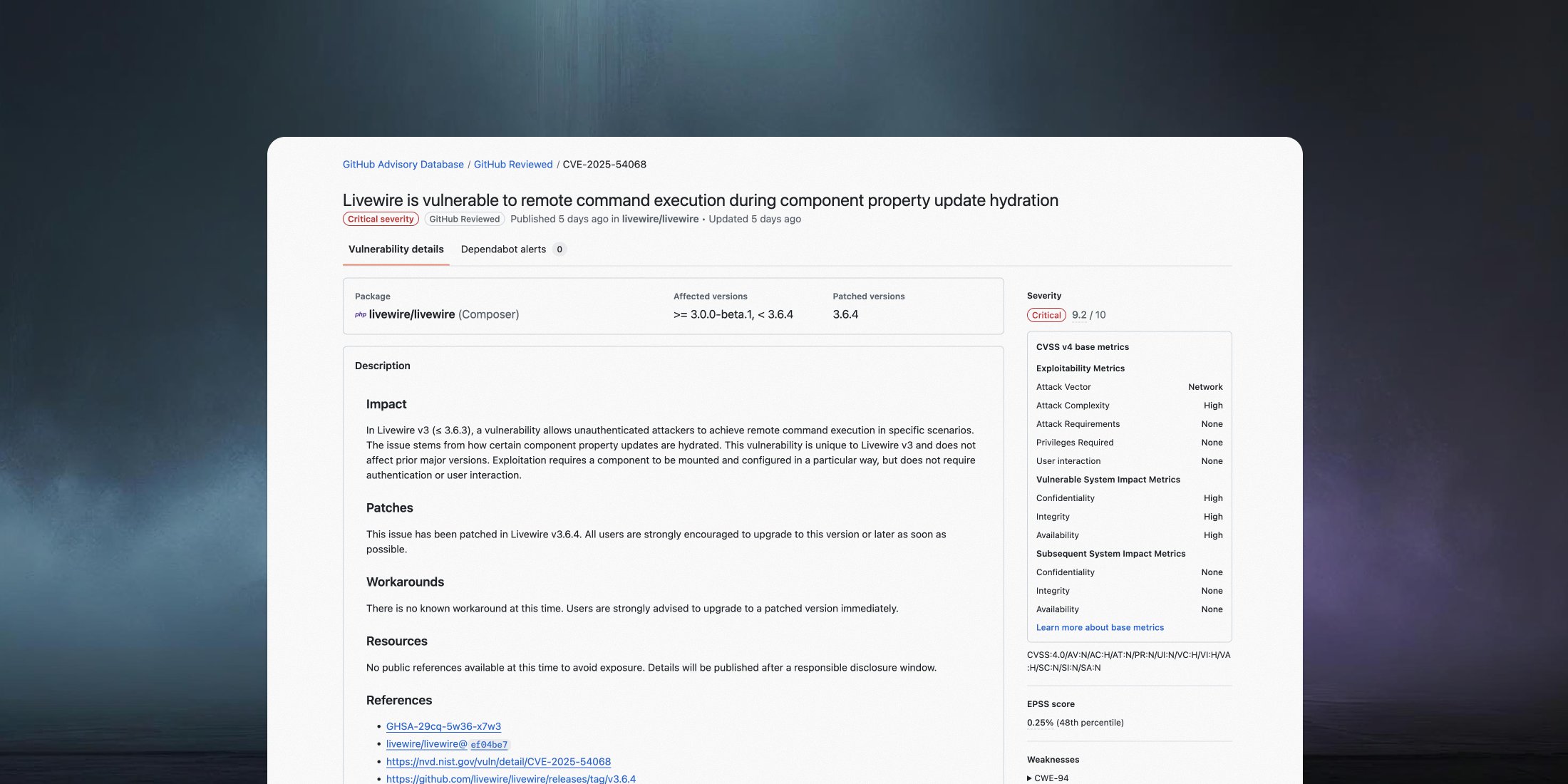laravelnews's tweet card. In Livewire v3 (≤ 3.6.3), a vulnerability allows unauthenticated attackers to achieve remote command execution in specific scenarios.