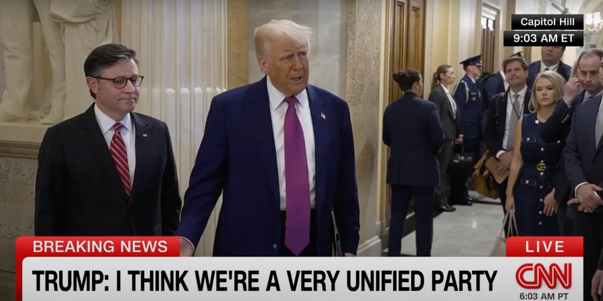 RawStory's tweet card. President Donald Trump went on an unhinged anti-Joe Biden rant while talking about his "big, beautiful bill" on Capitol Hill — as House Speaker Mike Johnson stood by his side nodding on Tuesday. The...