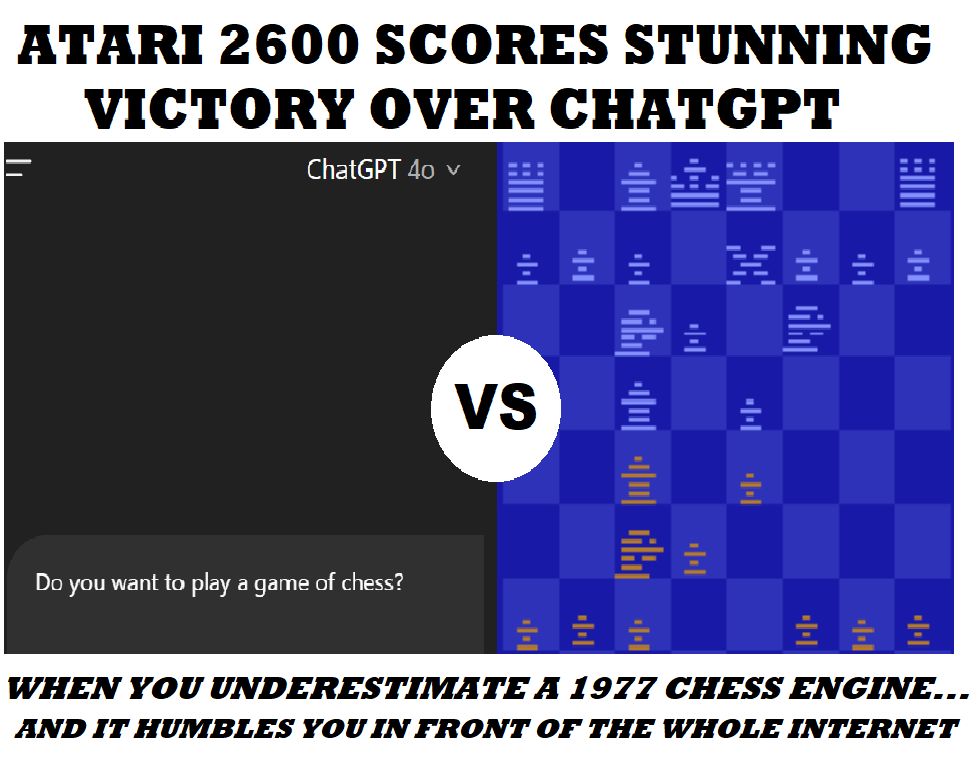 RetroGamingExpo's tweet card. 🧠🤖 Atari 2600 Pulls Off the Upset!! It started as a simple experiment: pit ChatGPT against the Atari 2600’s chess engine (via Stella emulator) and see what happens. I figured it would be a lighth...