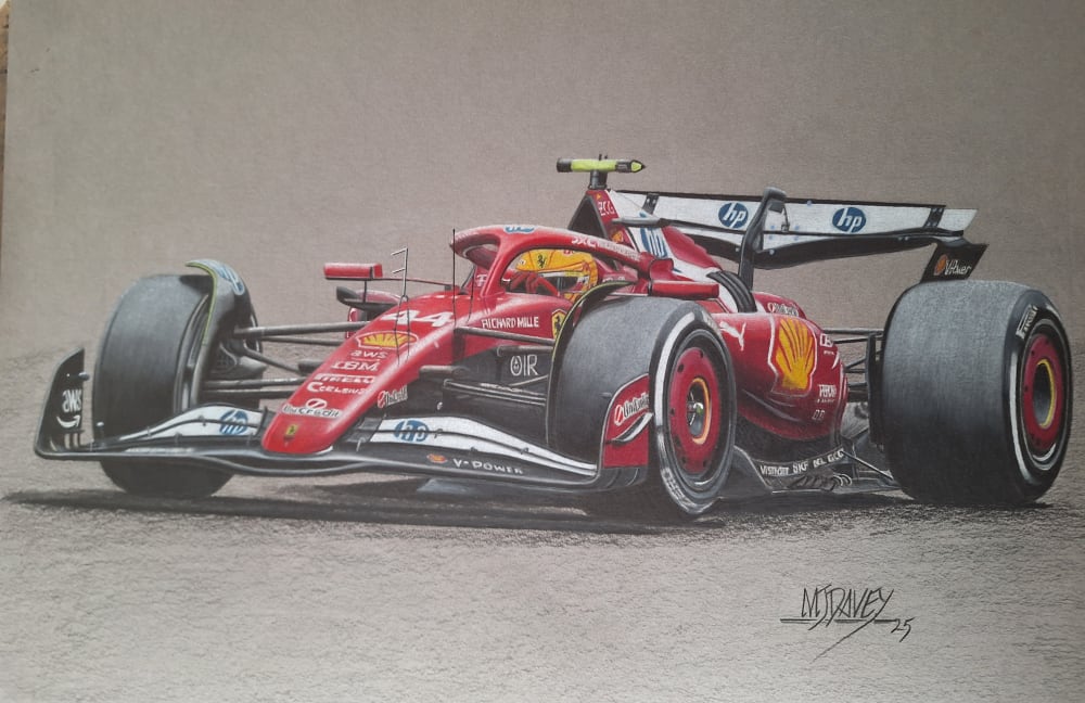 markdavey100's tweet card. This drawing captures Sir Lewis Hamilton driving the Ferrari SF25 en route to winning the sprint race at the 2025 Chinese GP. In only his second appearance as a Ferrari driver, Sir Lewis was already...