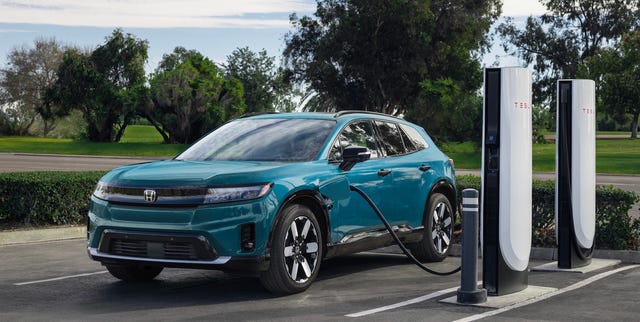 CARandDRIVER's tweet card. With the NACS-to-CCS adapter, the Prologue and Acura ZDX can now replenish their batteries at over 23,500 Superchargers.