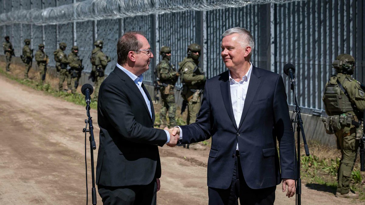 SZ's tweet card. Der polnische Innenminister zeigt seinem deutschen Kollegen Dobrindt den Grenzzaun zu Belarus. Die Zahl der Grenzübertritte sinkt.