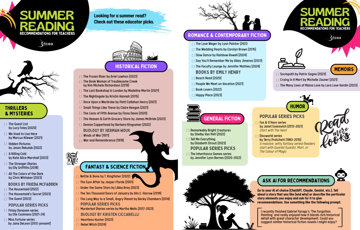 Seidlitz_Ed's tweet card. Need a summer escape? Discover must-read books for teachers, from fantasy to non-fiction, recommended by TCEA educators just like you! Explore this and more at TCEA TechNotes Blog, your go-to source...
