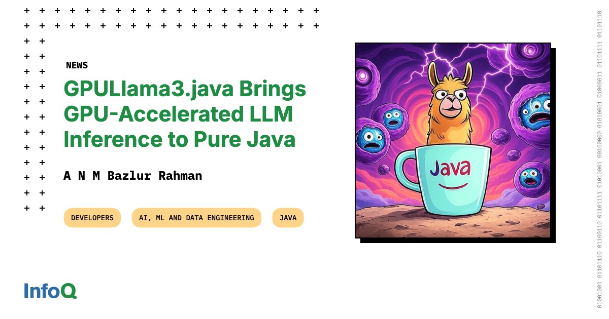 alina_yurenko's tweet card. The University of Manchester's Beehive Lab has released GPULlama3.java, marking the first Java-native implementation of Llama3 with automatic GPU acceleration. This project leverages TornadoVM to...