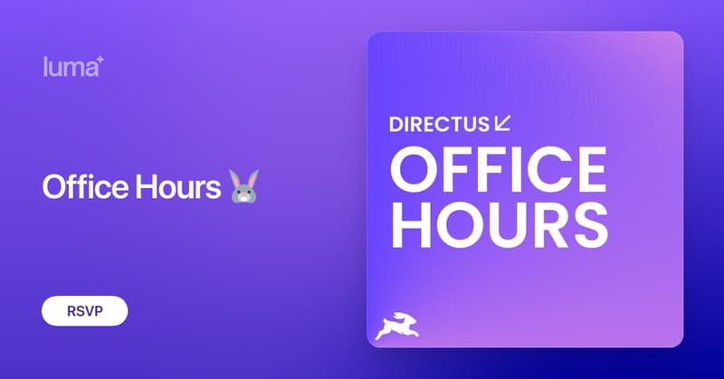 directus's tweet card. Have specific questions about Directus...or just want to hang out with our technical team? Sign up for our next weekly office hours session, a laid-back live…