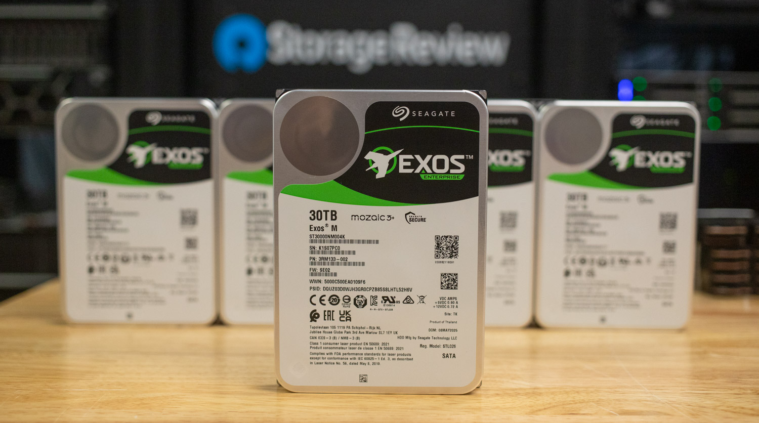 storagereview's tweet card. The Seagate Exos M 30TB HDD delivers groundbreaking capacity, performance, and efficiency for hyperscale, AI, and cloud storage environments.