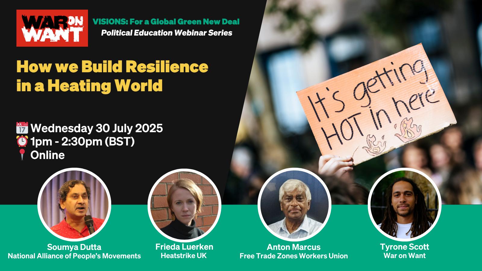 WarOnWant's tweet card. How we Build Resilience in a Heating World