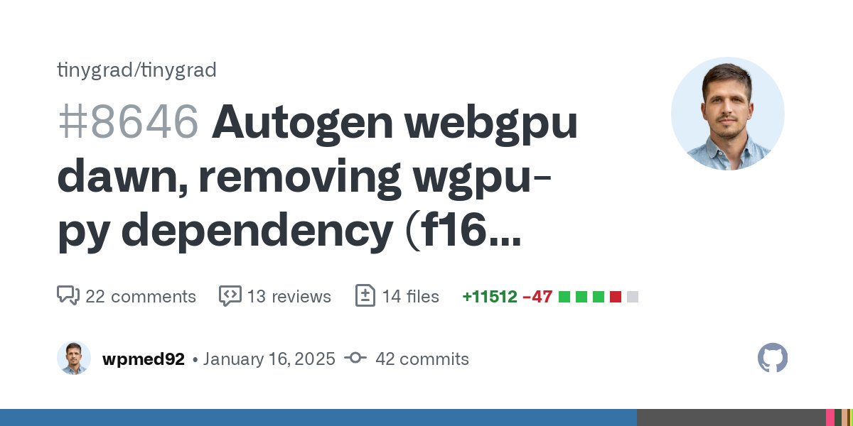 wpmed92's tweet card. This PR changes the WebGPU runtime used from wgpu to Dawn (used by Chrome): wgpu is not closely following the WebGPU specs, it doesn't impose a limit on storage buffers per kernel, but Daw...