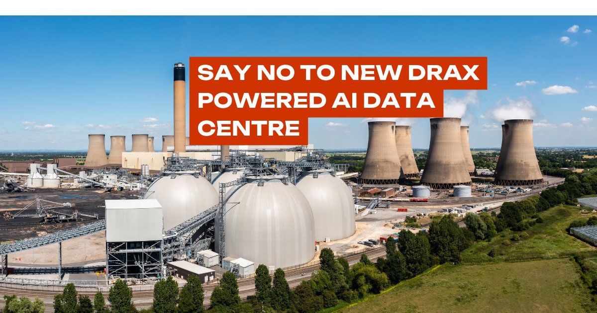 axe_drax's tweet card. Drax, the University of York and the North Yorkshire Combined Authority have just submitted a bid to host an AI data centre at Drax, powered by burning millions of trees. The Government recently...