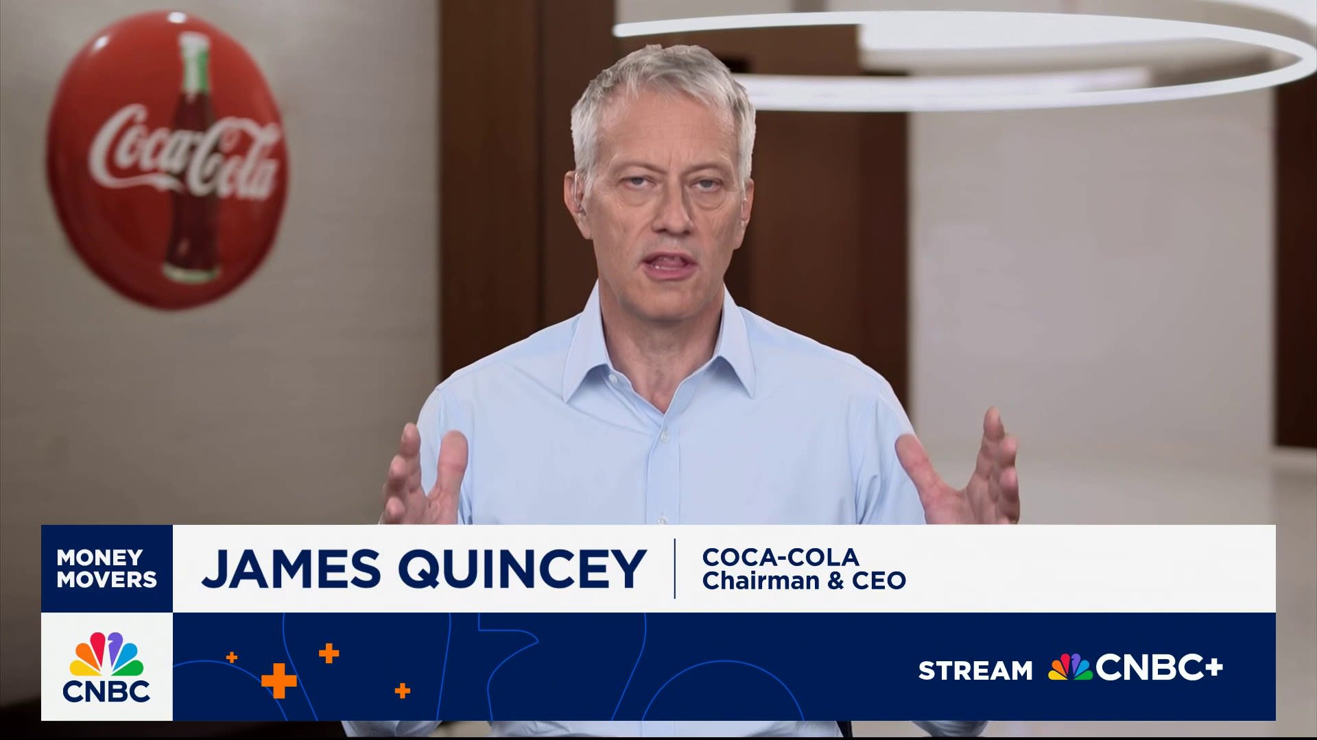 moneymoverscnbc's tweet card. CNBC's Sara Eisen highlights her interview with Coca-Cola CEO James Quincey, who spoke about consumer strength and the impact of tariffs as shares fell after its q2 earnings.