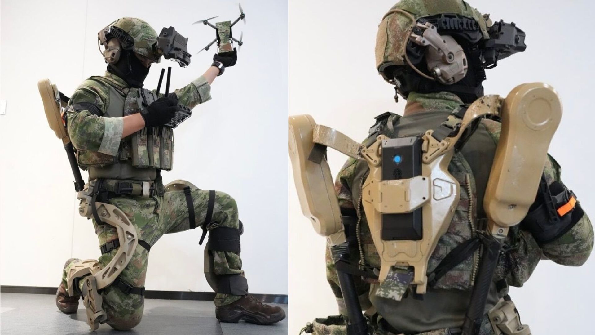 PhilipG11218771's tweet card. China’s Kestrel Defense has introduced a new powered exoskeleton suit designed to improve the endurance, mobility, and situational awareness.