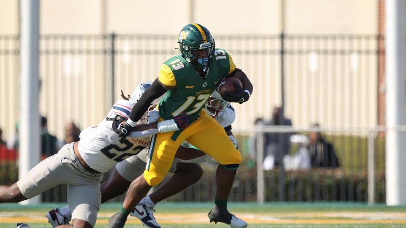 NorfolkStateFB's tweet card. Five Spartans landed on the All-MEAC Preseason First Team: running back Kevon King, wide receiver Kam'Ryn Thomas, offensive lineman Vincent Byrd Jr., return specialist Jaylen White, and linebacker...