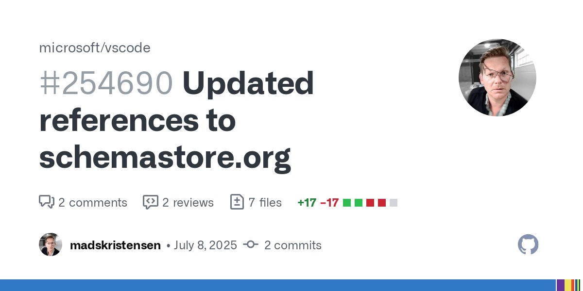 mkristensen's tweet card. Fixes #254689 This PR replaces the use of the json.schemastore.org subdomain with www.schemastore.org. We're deprecating the json subdomain and standardizing on www. Without this change, VS...